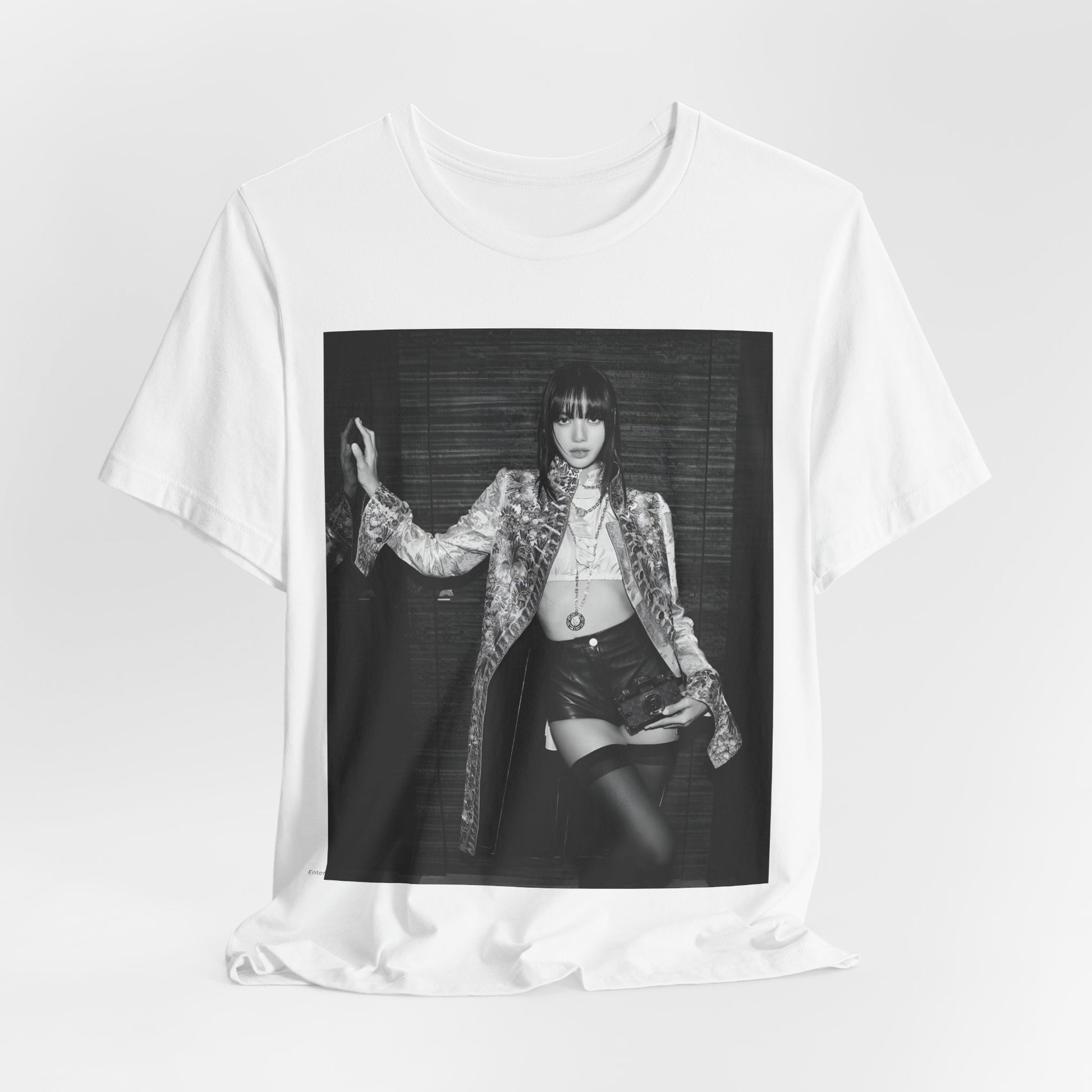 A black graphic t-shirt featuring a black and white, monochrome graphic or photo of Lisa.