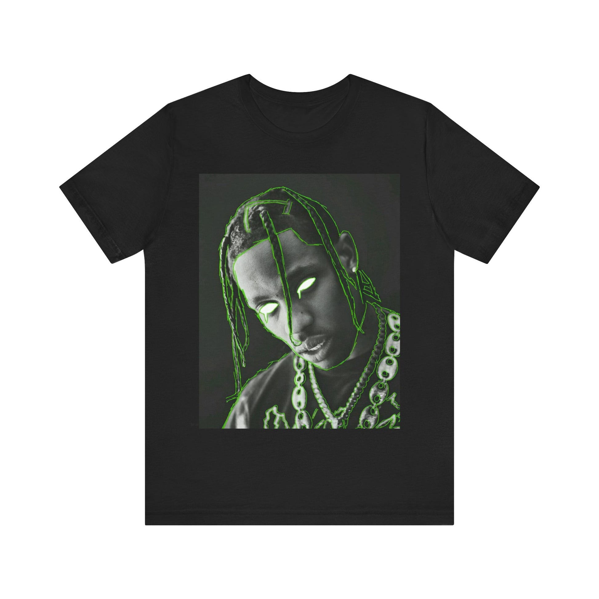A black graphic t-shirt featuring a retro graphic related to Travis Scott's 'Sicko Mode' song or era.