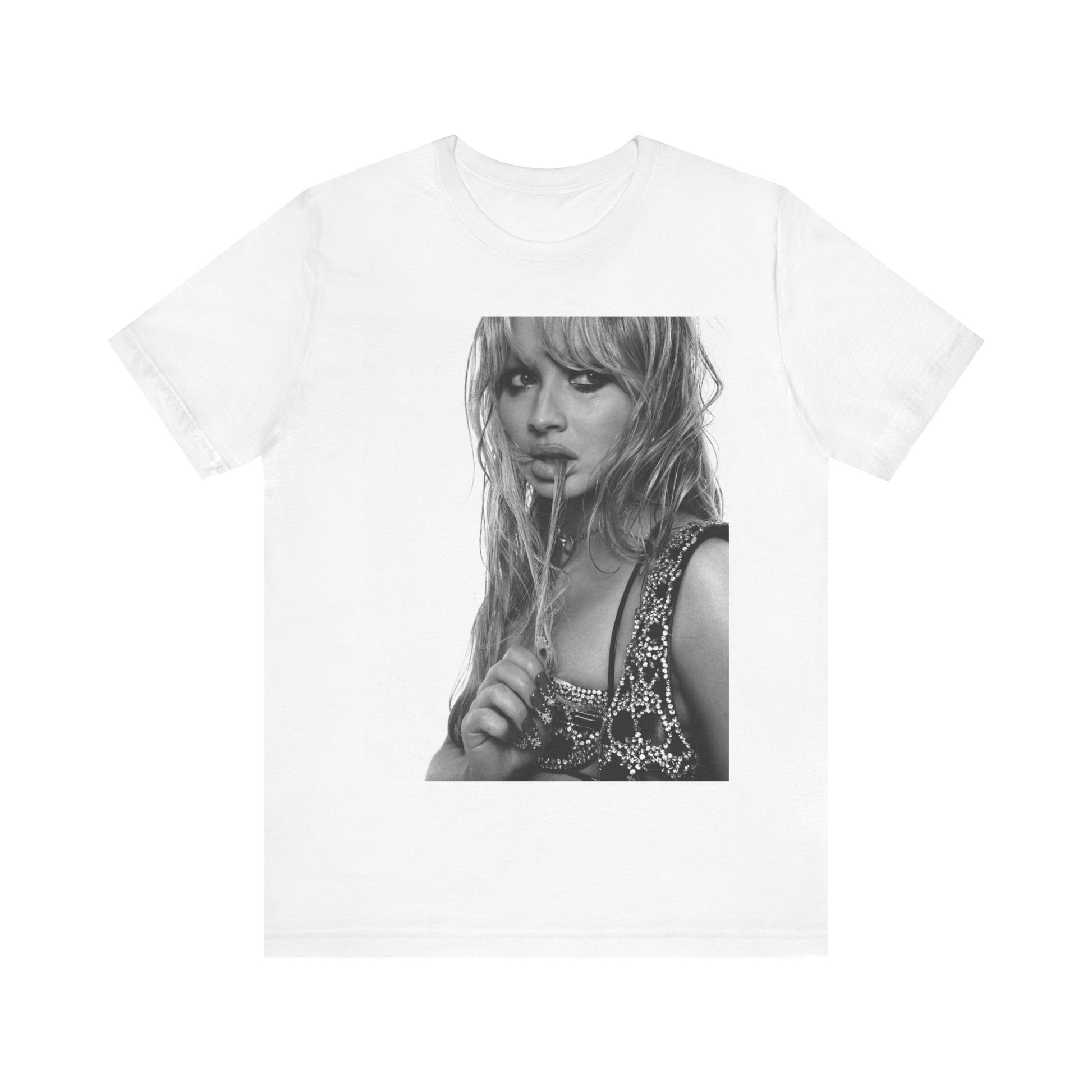 A black graphic t-shirt featuring a black and white portrait photo of Sabrina Carpenter.