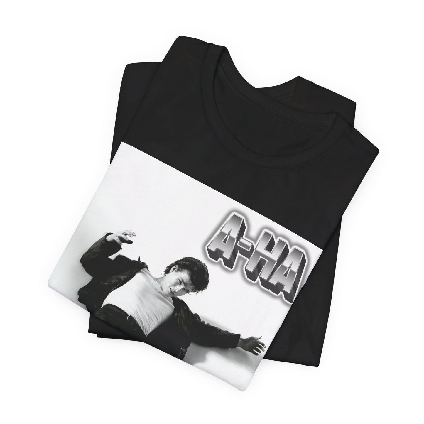 A black graphic t-shirt featuring a photo of the band A-HA, styled to evoke their "Take On Me" music video from the 1980s.n.