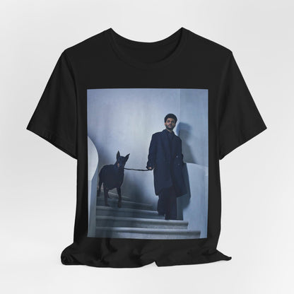 A black graphic t-shirt featuring a photo of The Weeknd with a doberman.
