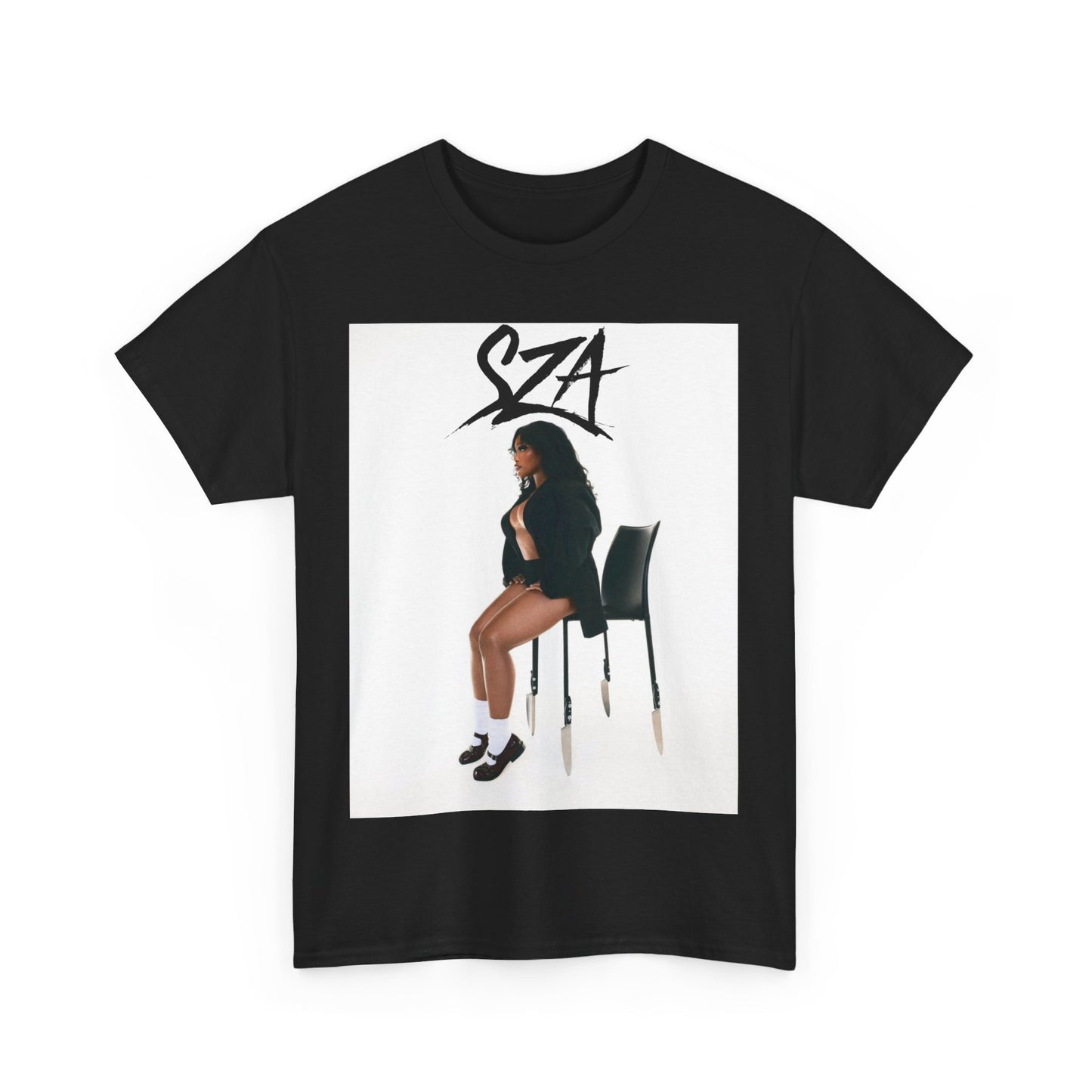 A black graphic t-shirt featuring a chill neo-soul aesthetic graphic of SZA.