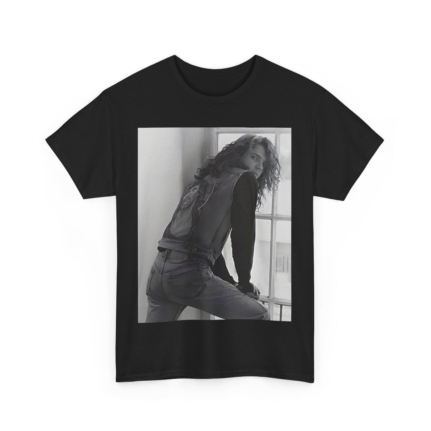 A black graphic t-shirt featuring a 90s black and white photo portrait of Michael Hutchence from INXS.
