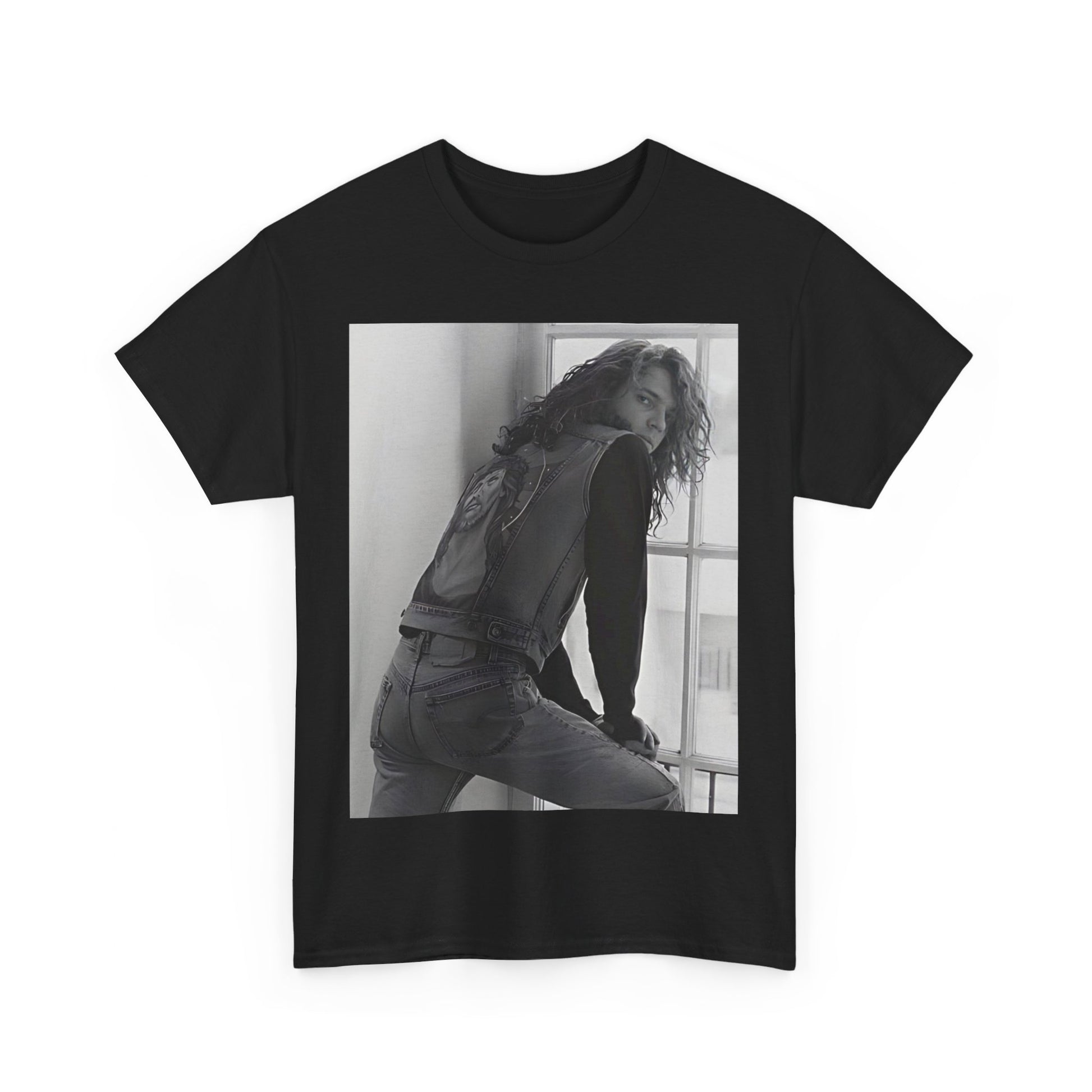 A black graphic t-shirt featuring a 90s black and white photo portrait of Michael Hutchence from INXS.