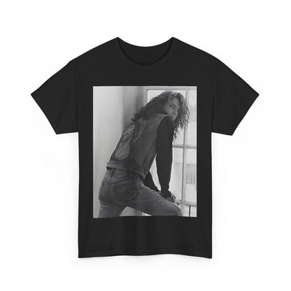 A black graphic t-shirt featuring a 90s black and white photo portrait of Michael Hutchence from INXS.