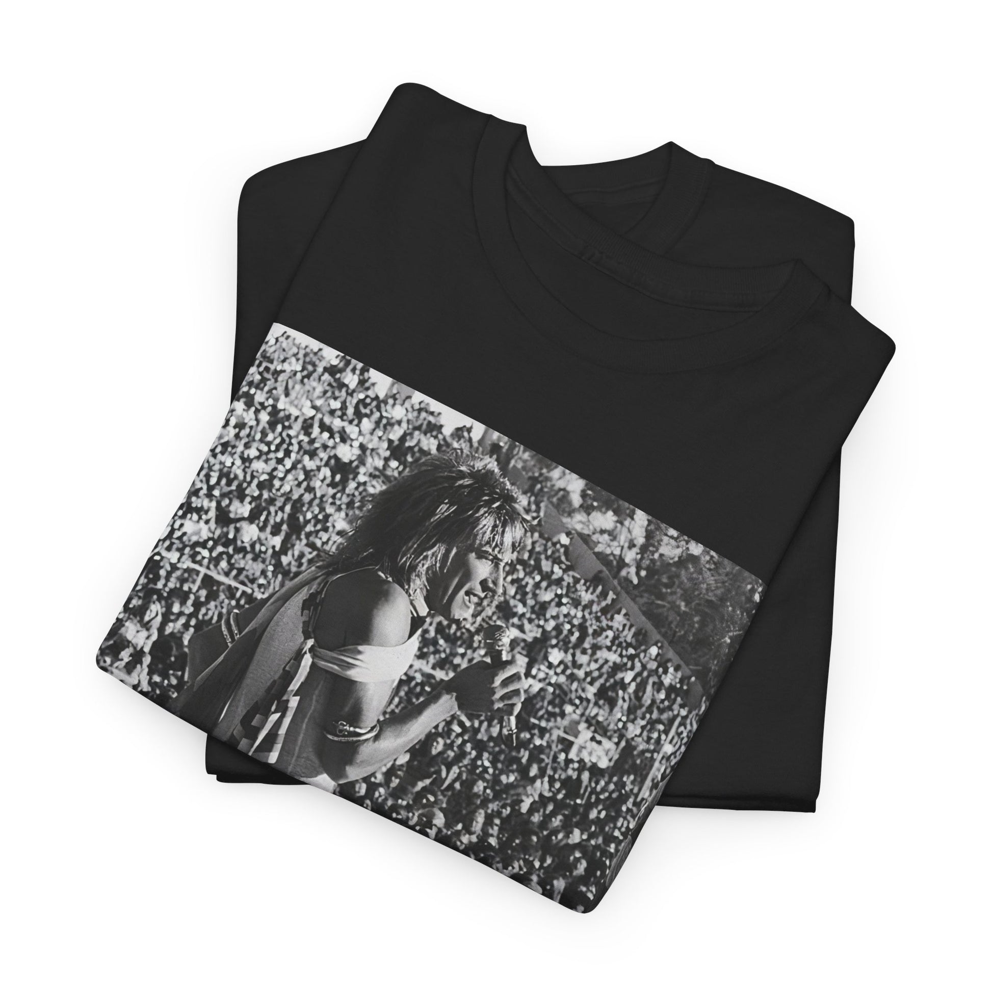 A black graphic t-shirt featuring a 70s on stage concert graphic of Rod Stewart.