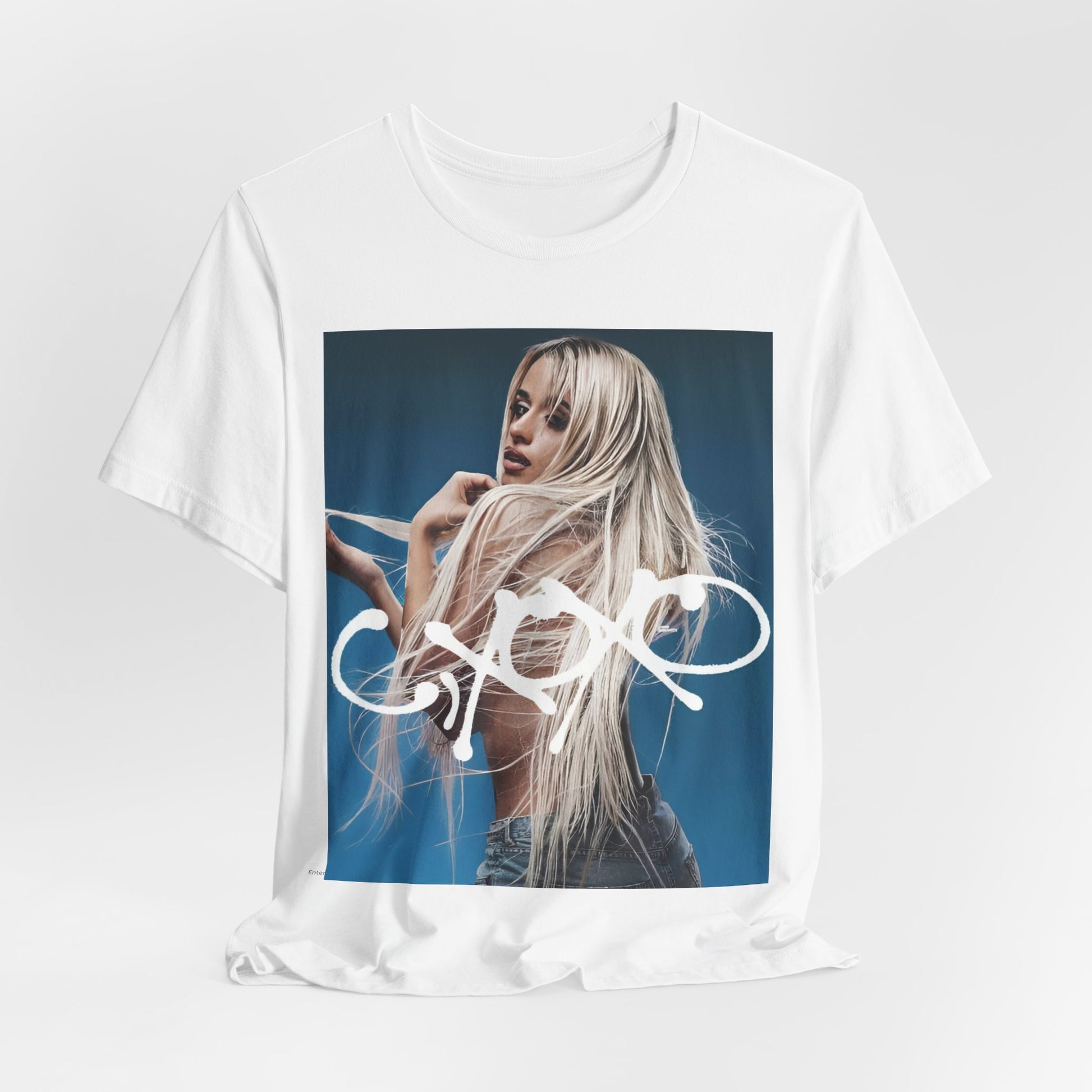 A black graphic t-shirt featuring a graphic related to Camila Cabello's C,XOXO album.