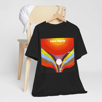 A black graphic t-shirt featuring a graphic inspired by Tame Impala's albums.