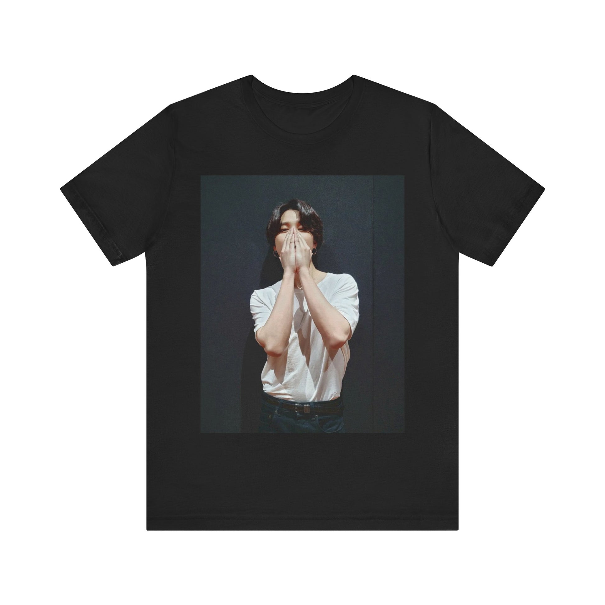 A black graphic t-shirt featuring a graphic of Jimin designed for everyday K-Pop style.