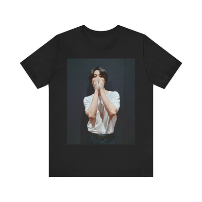 A black graphic t-shirt featuring a graphic of Jimin designed for everyday K-Pop style.
