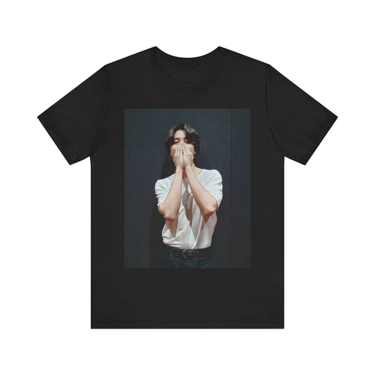 A black graphic t-shirt featuring a graphic of Jimin designed for everyday K-Pop style.