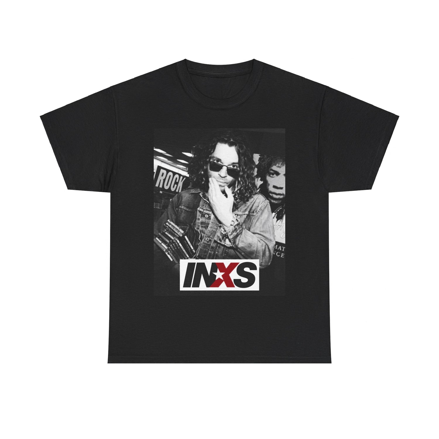 A black graphic t-shirt featuring a black and white, monochrome graphic or photo of INXS.
