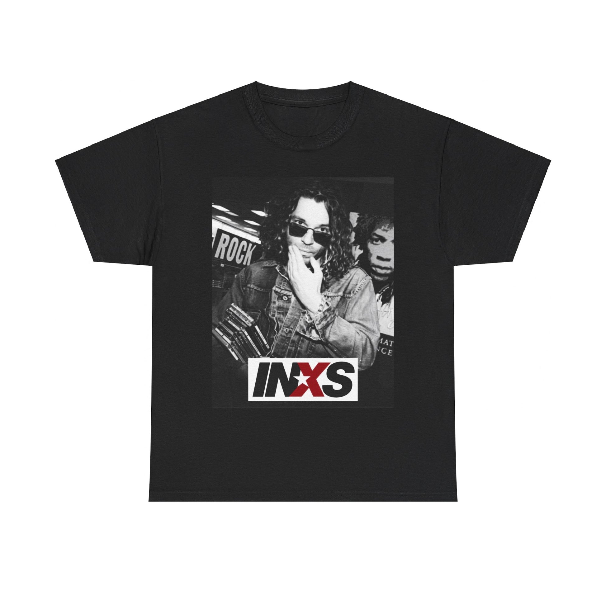 A black graphic t-shirt featuring a black and white, monochrome graphic or photo of INXS.