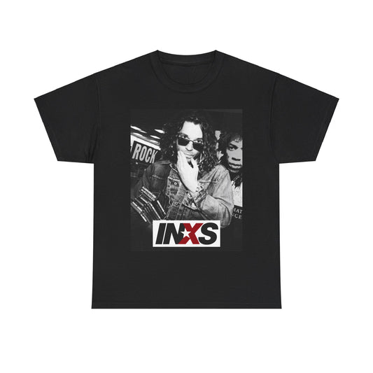 A black graphic t-shirt featuring a black and white, monochrome graphic or photo of INXS.