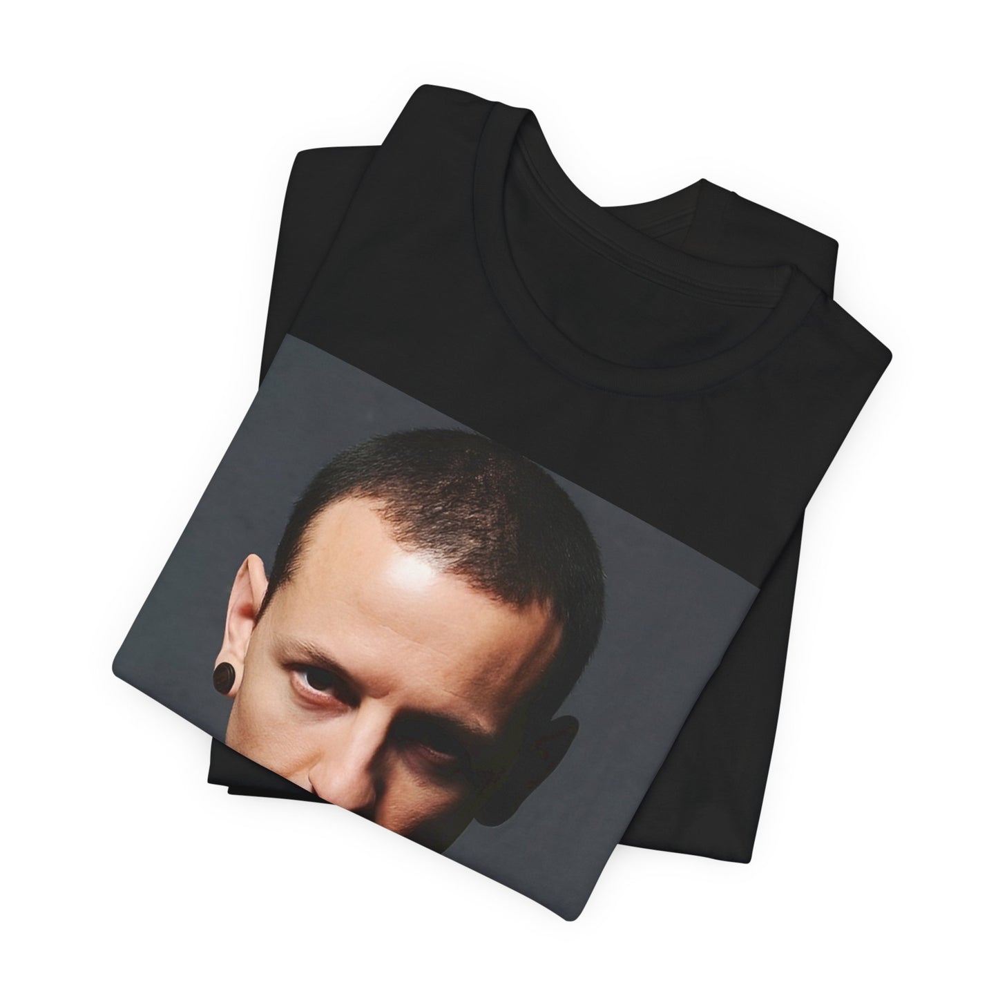 A black graphic t-shirt featuring a retro photo portrait of Chester Bennington from Linkin Park.