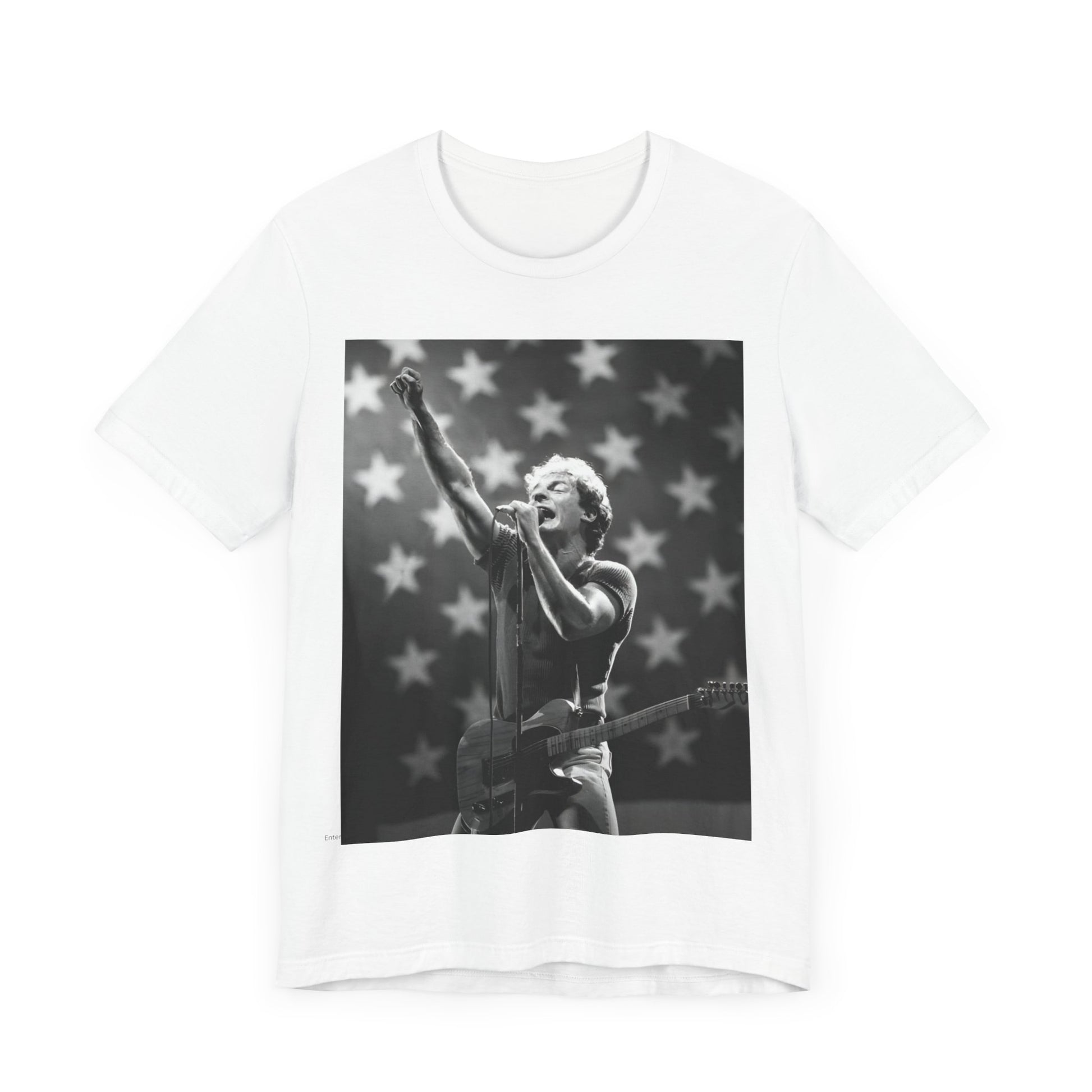 A black graphic t-shirt featuring a 70s era Americana-style graphic of Bruce Springsteen.