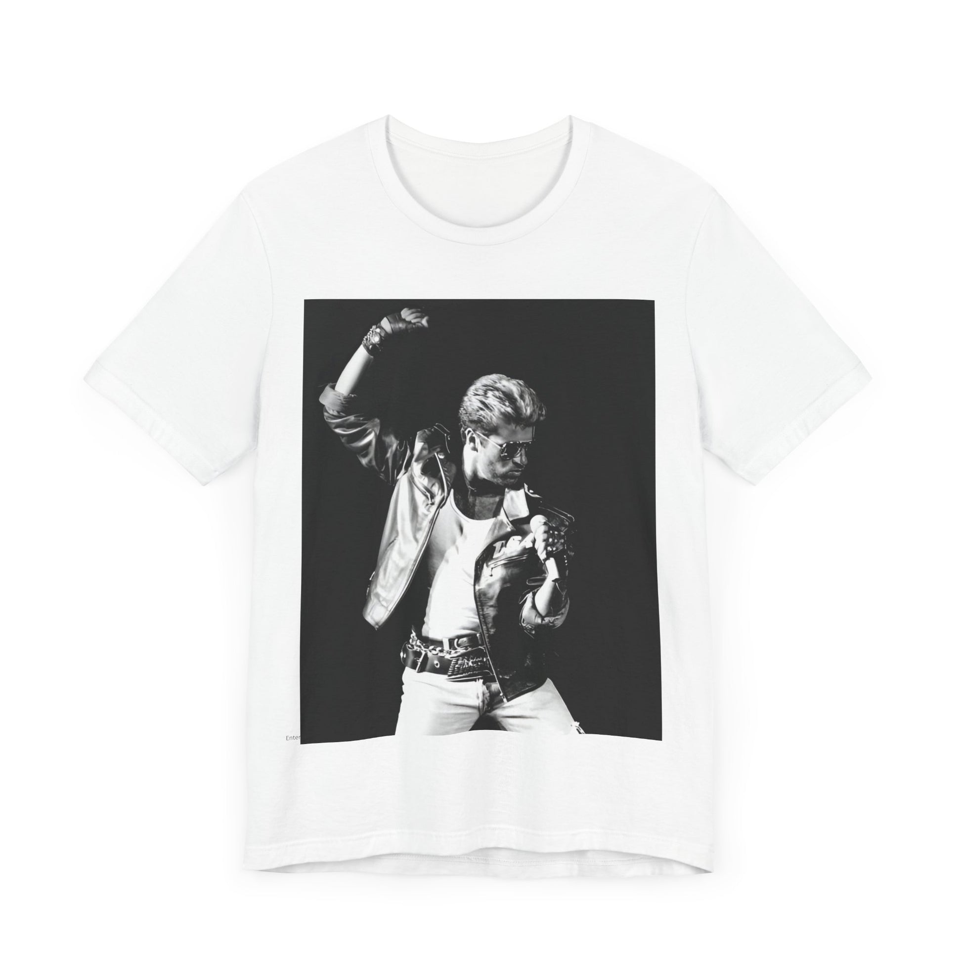 A black graphic t-shirt featuring an iconic black and white portrait photo of George Michael.
