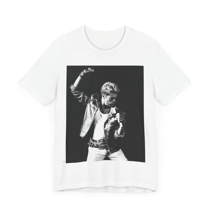 A black graphic t-shirt featuring an iconic black and white portrait photo of George Michael.