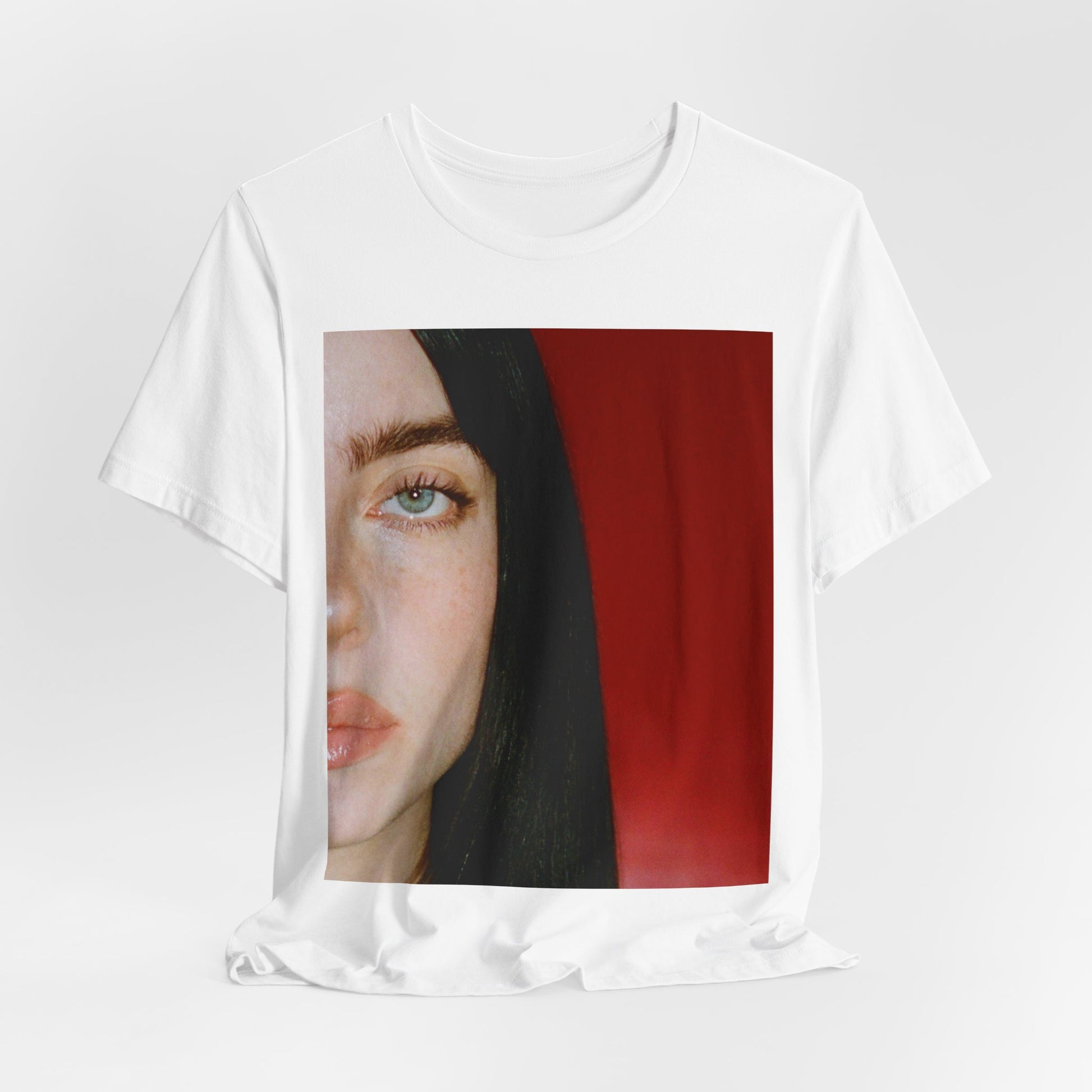 A classic, direct, black and white portrait of Billie Eilish, embodying a timeless aesthetic, printed on a graphic t-shirt.