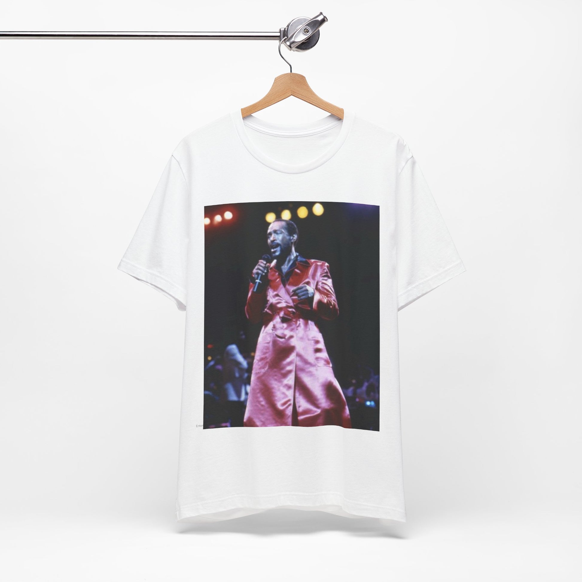 A black graphic t-shirt featuring a vintage graphic or photo of Marvin Gaye performing live.