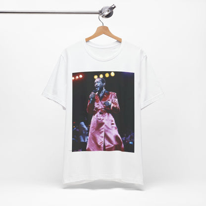 A black graphic t-shirt featuring a vintage graphic or photo of Marvin Gaye performing live.