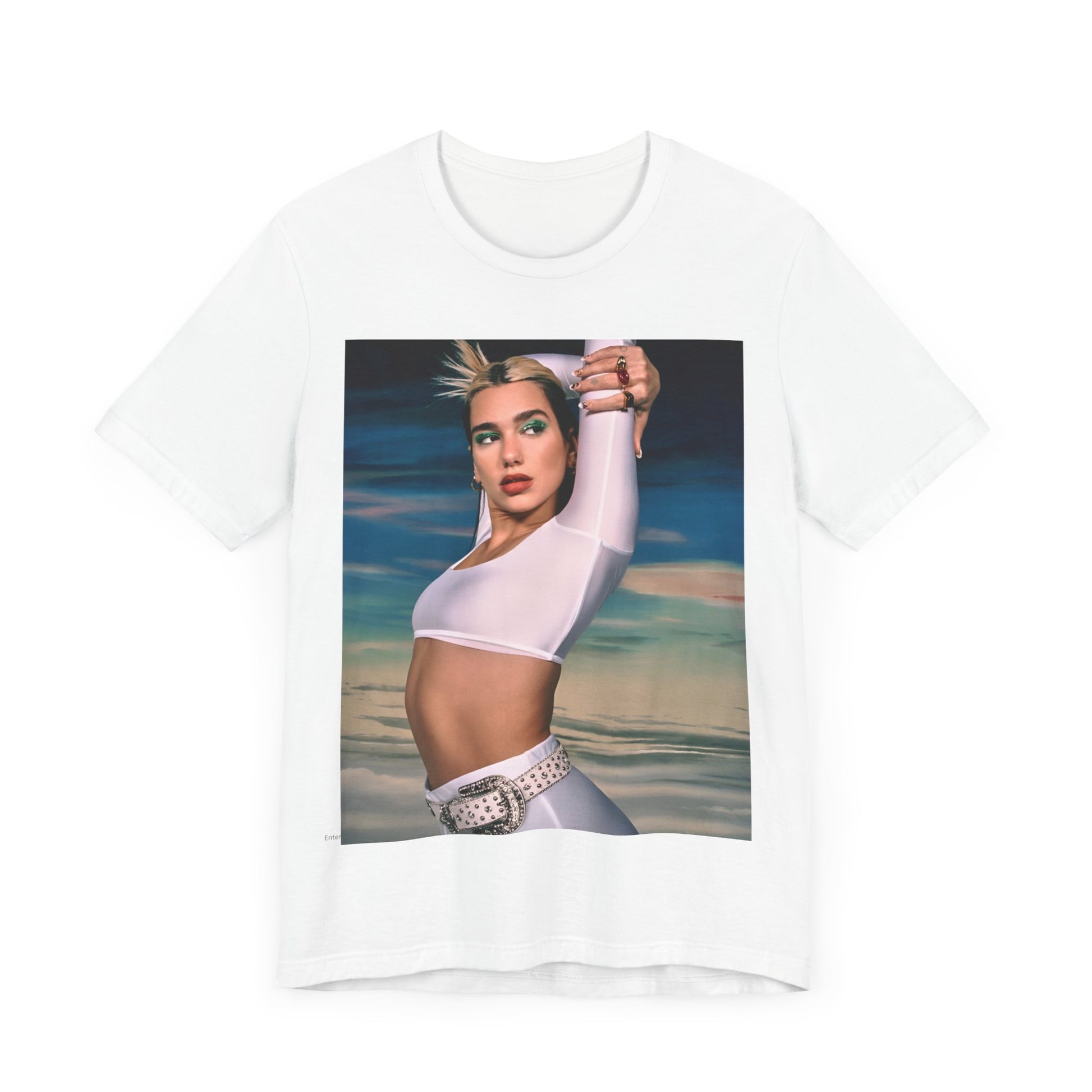A black graphic t-shirt featuring a stylized graphic of Dua Lipa as a modern pop sensation.