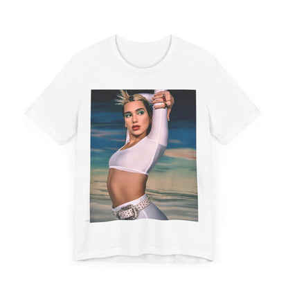 A black graphic t-shirt featuring a stylized graphic of Dua Lipa as a modern pop sensation.
