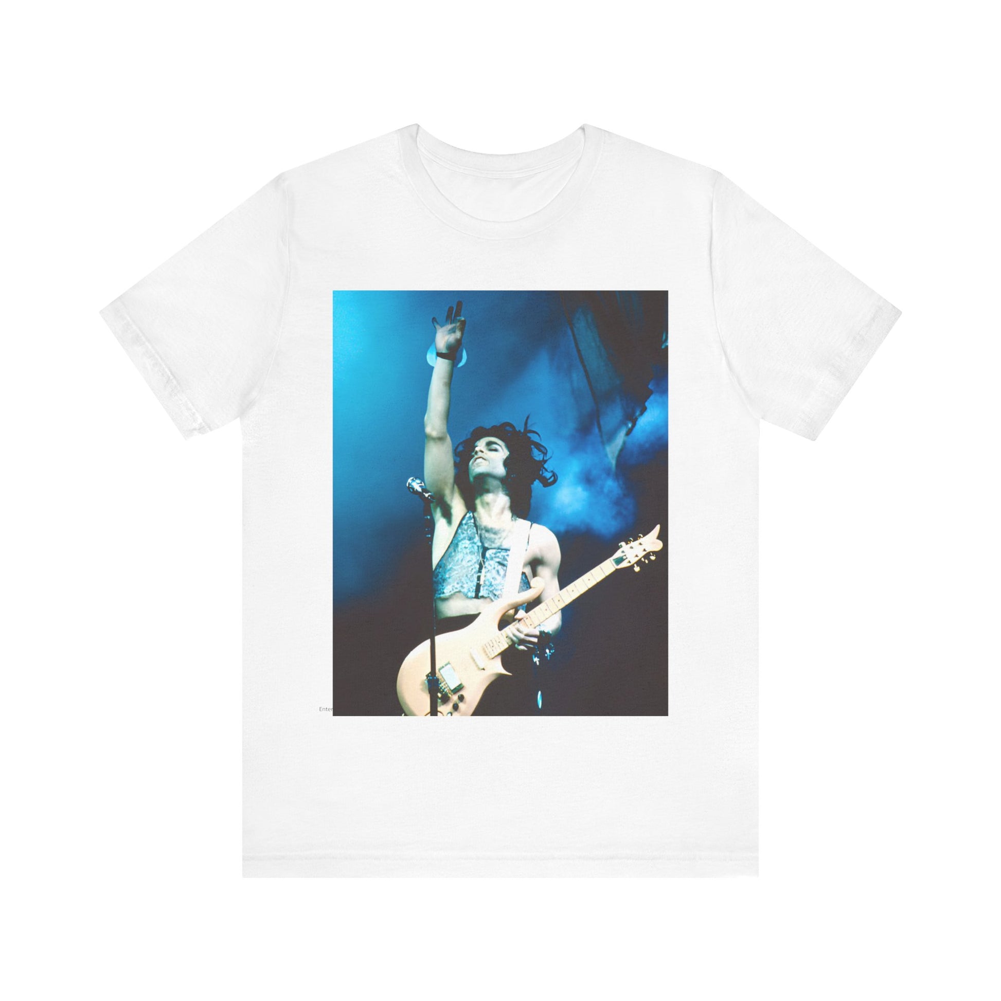 A black graphic t-shirt featuring a graphic of Prince as a guitar god and virtuoso performer.