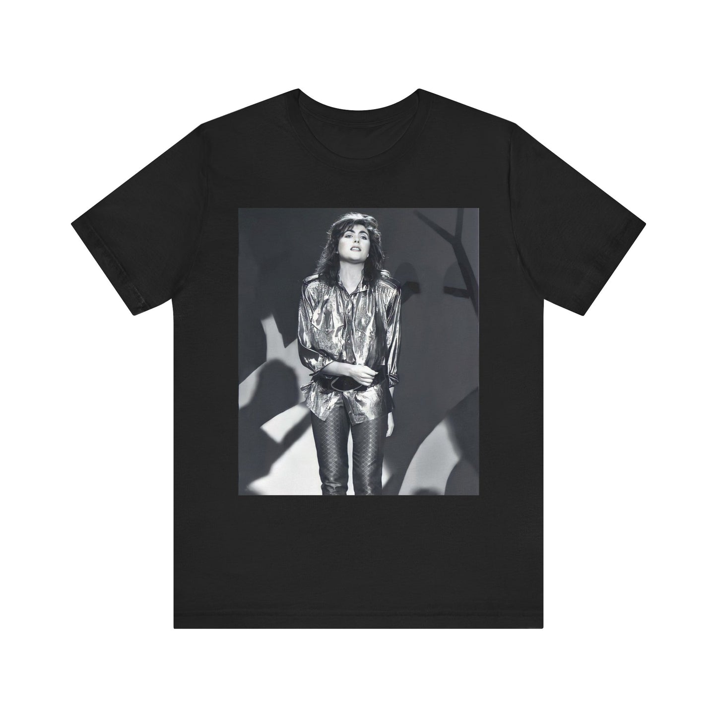 A black graphic t-shirt featuring a graphic of Laura Branigan emphasizing her timeless voice.