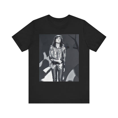 A black graphic t-shirt featuring a graphic of Laura Branigan emphasizing her timeless voice.