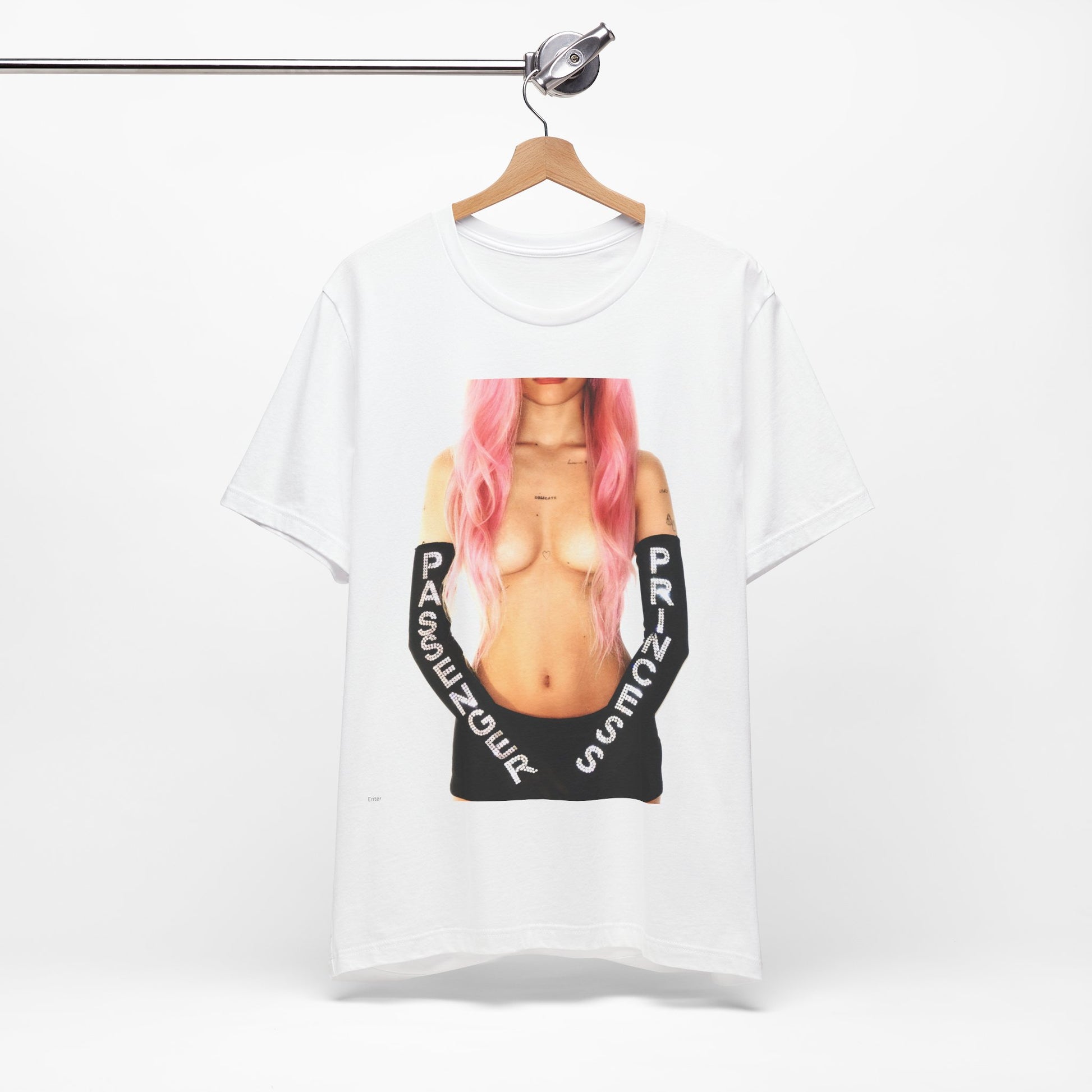 A black graphic t-shirt featuring a graphic of Nessa Barrett with a 'Passenger Princess' theme.