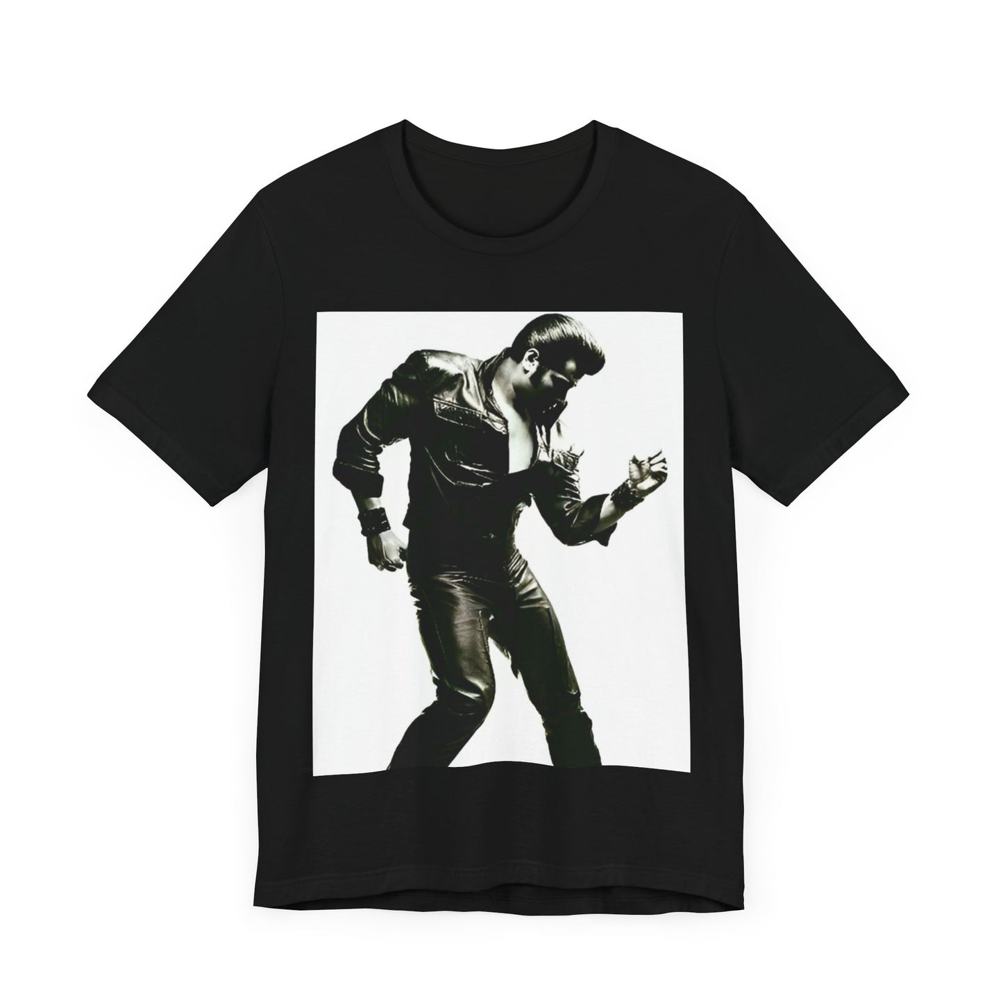 A black graphic t-shirt featuring a retro black and white monochrome photo or graphic of Elvis Presley.