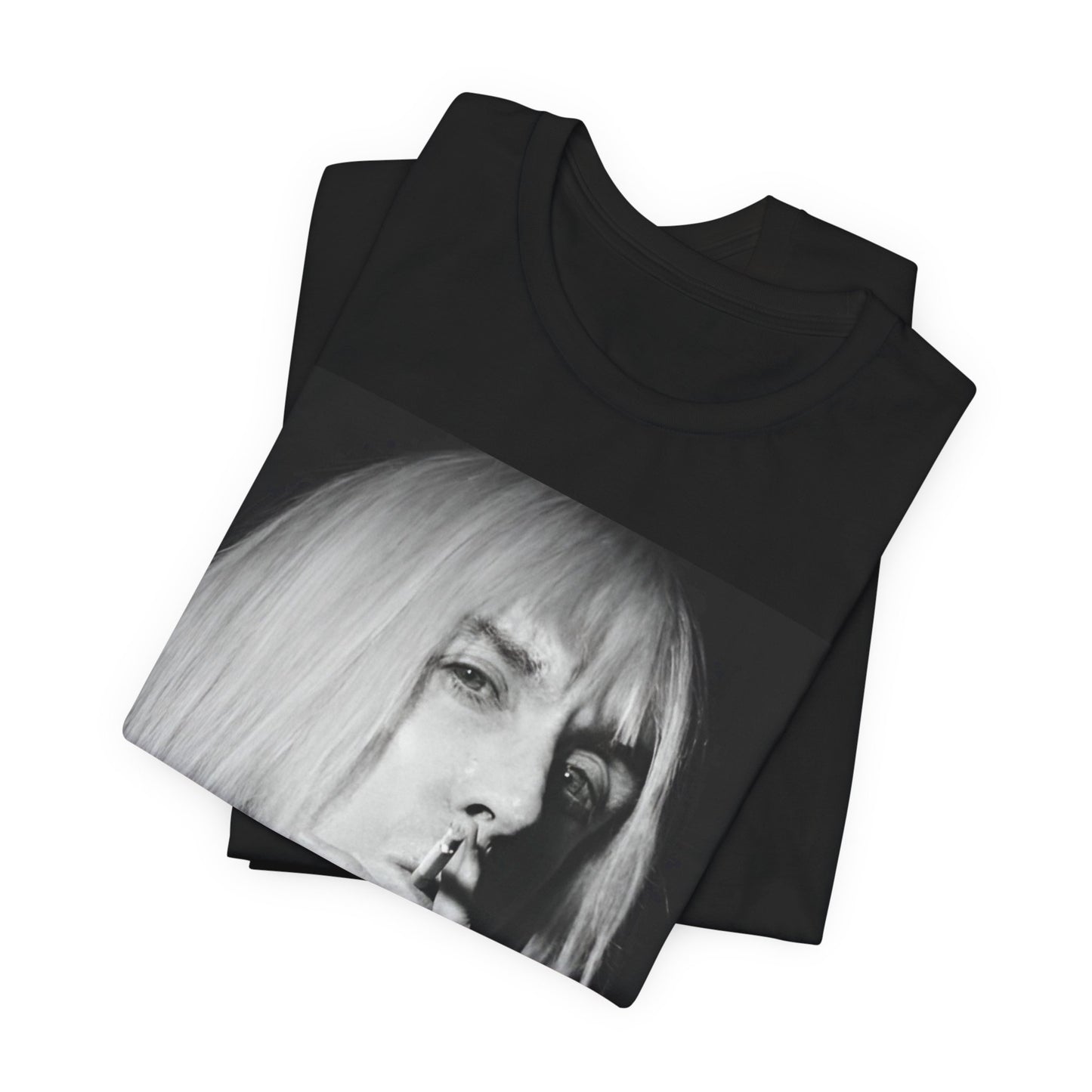 A black graphic t-shirt featuring a black and white graphic or photo of Iggy Pop holding a cigar.