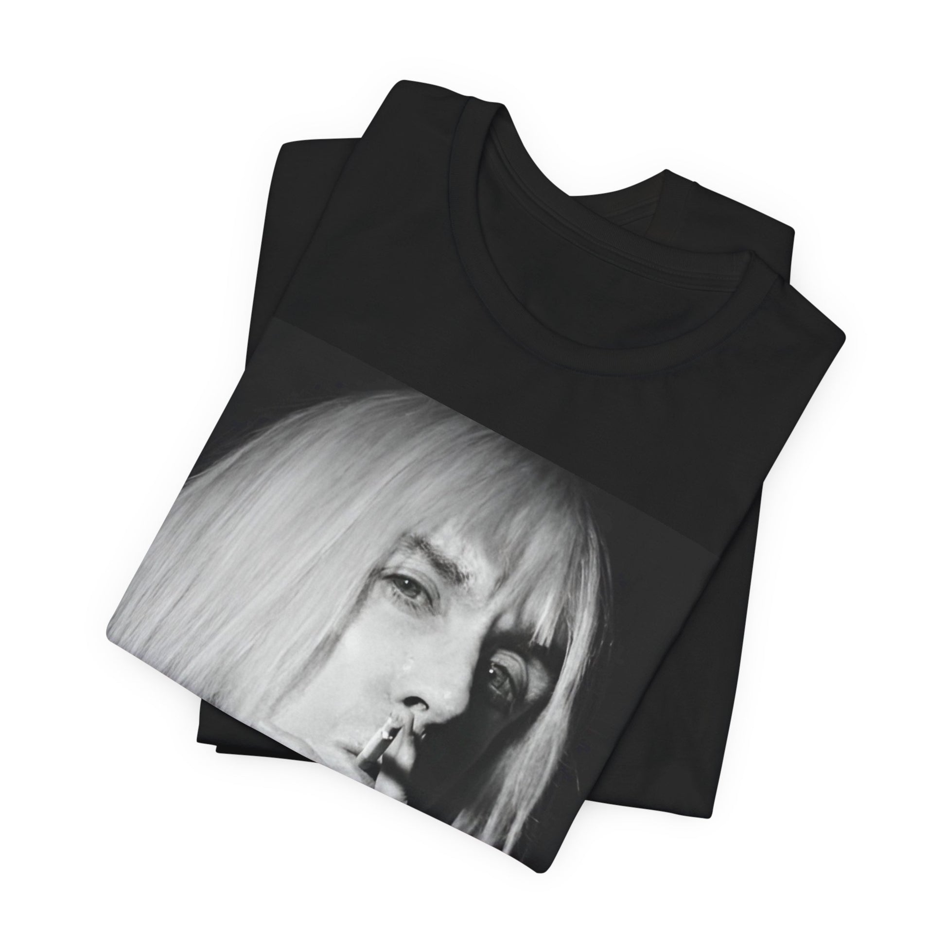 A black graphic t-shirt featuring a black and white graphic or photo of Iggy Pop holding a cigar.