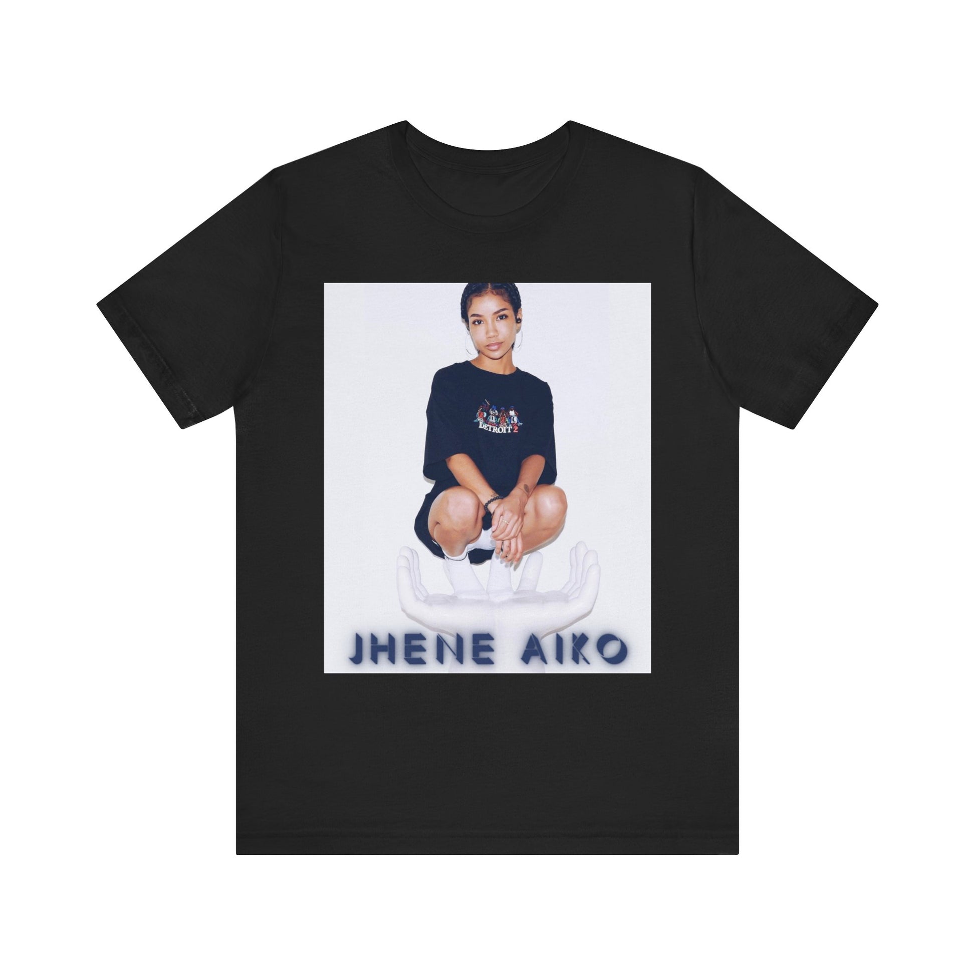 A black graphic t-shirt featuring a casual R&B fan graphic of Jhene Aiko.