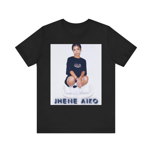 A black graphic t-shirt featuring a casual R&B fan graphic of Jhene Aiko.