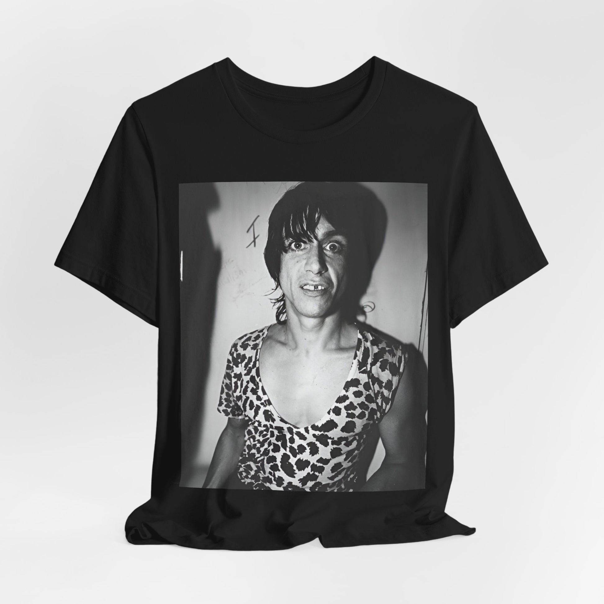 A black graphic t-shirt featuring a graphic of Iggy Pop and The Stooges in a punk style.