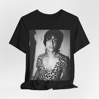 A black graphic t-shirt featuring a graphic of Iggy Pop and The Stooges in a punk style.