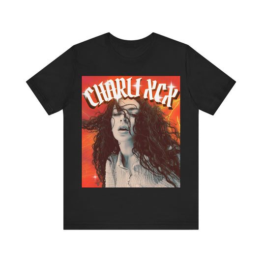 A black graphic t-shirt featuring a photo of Charli XCX from her 'Classic Pop 2' era.