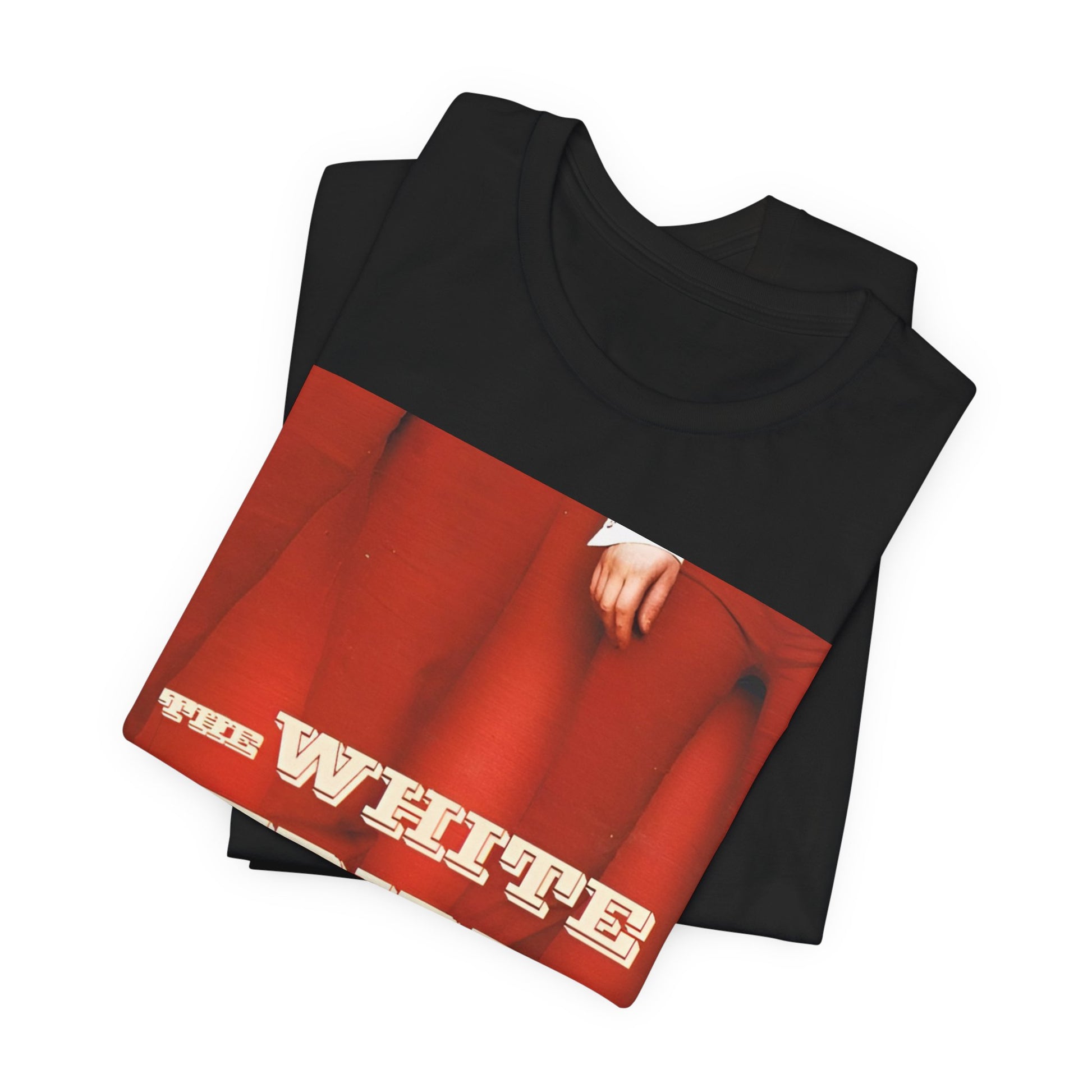 A black graphic t-shirt featuring a red and white signature graphic of The White Stripes.