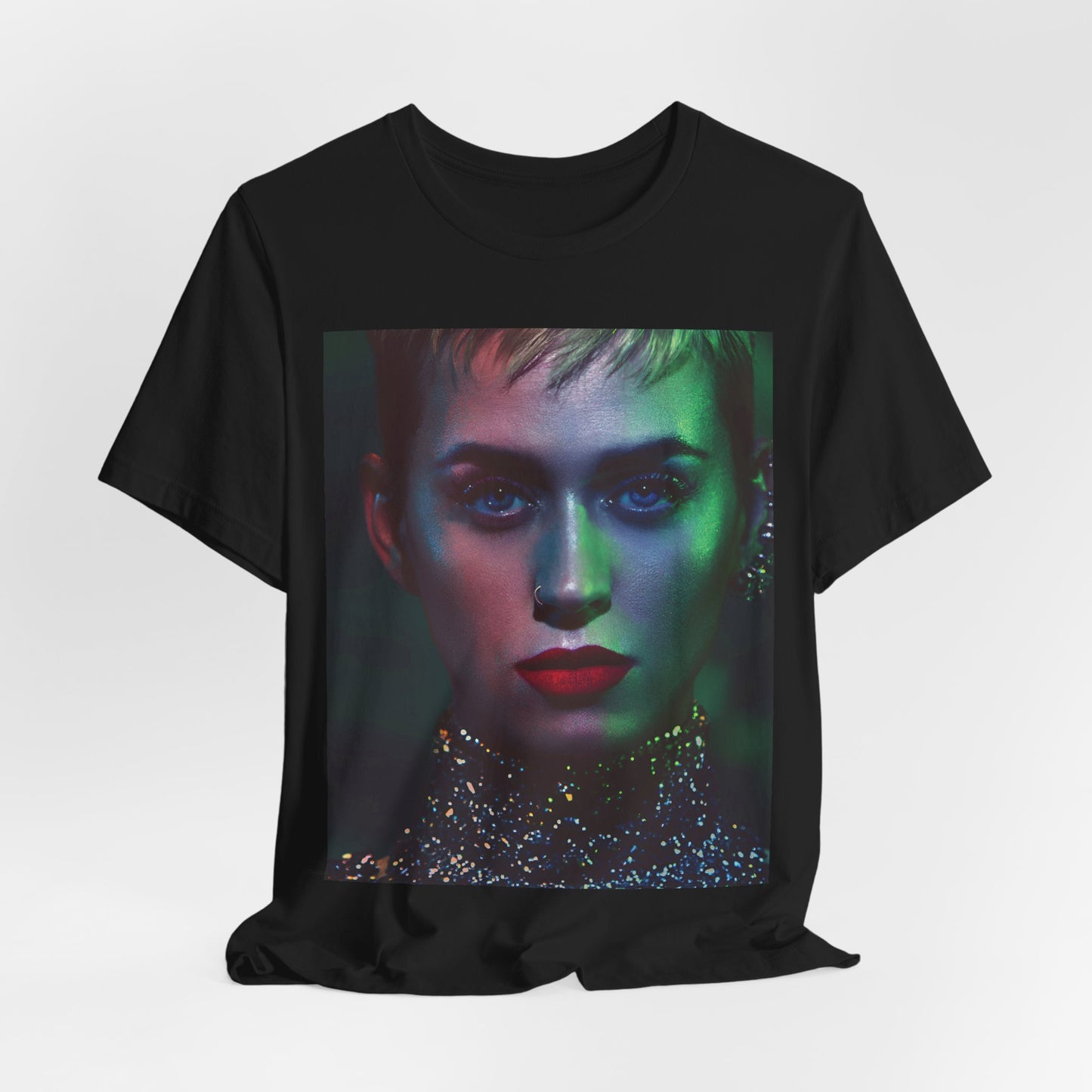 A black graphic t-shirt featuring a neon aesthetic graphic of Katy Perry.