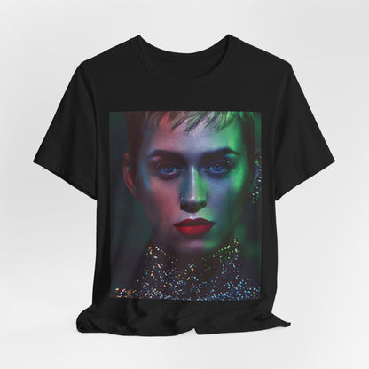 A black graphic t-shirt featuring a neon aesthetic graphic of Katy Perry.