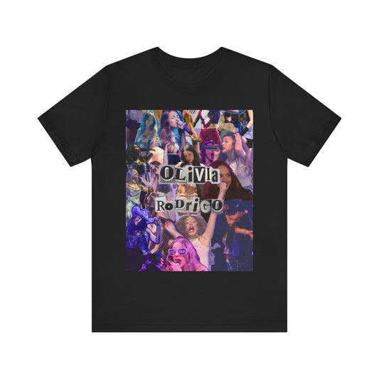 A black graphic t-shirt featuring a retro bootleg graphic of Olivia Rodrigo.