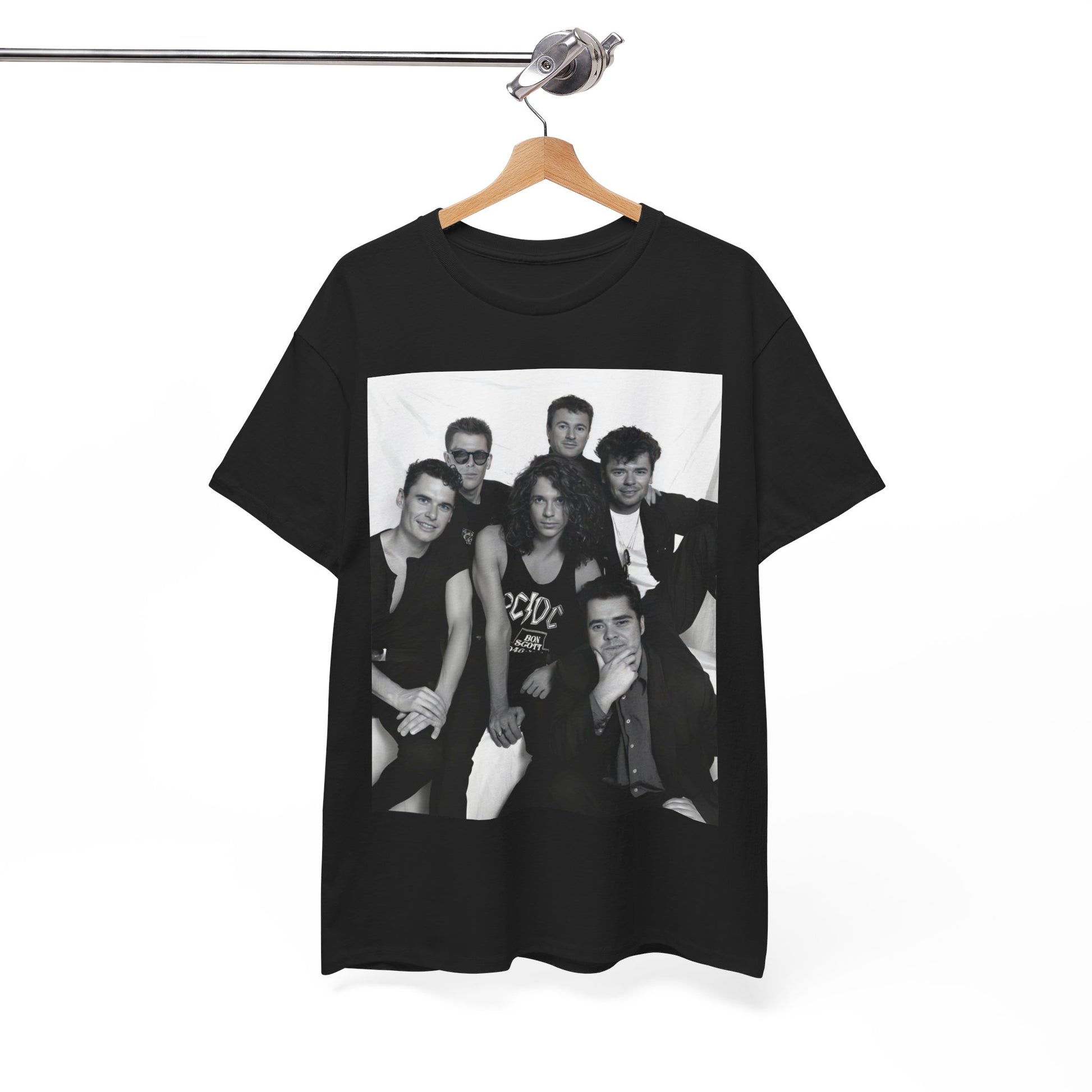 A black graphic t-shirt featuring an 80s rock aesthetic graphic of INXS.