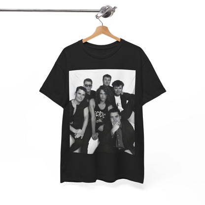 A black graphic t-shirt featuring an 80s rock aesthetic graphic of INXS.