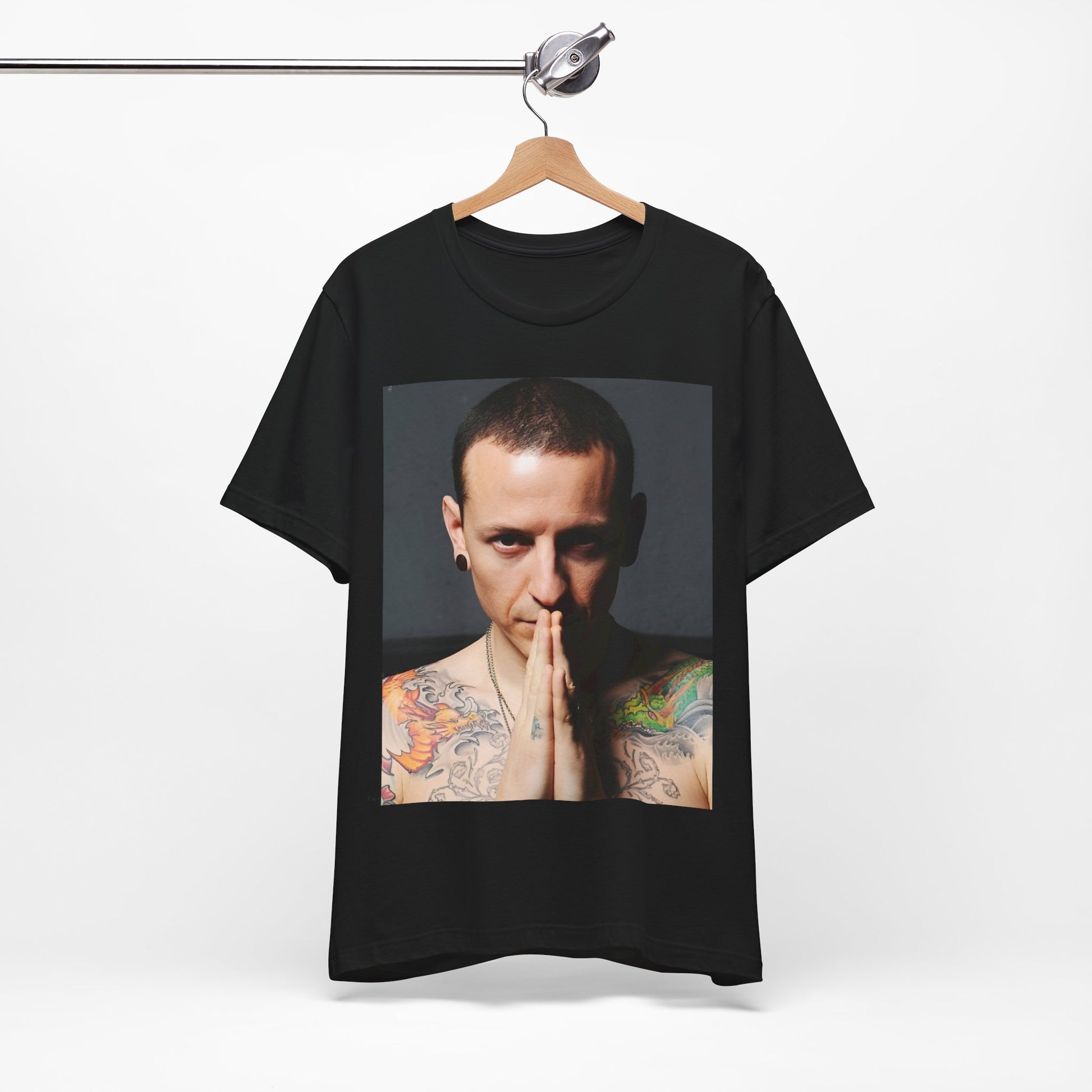 A black graphic t-shirt featuring a retro photo portrait of Chester Bennington from Linkin Park.