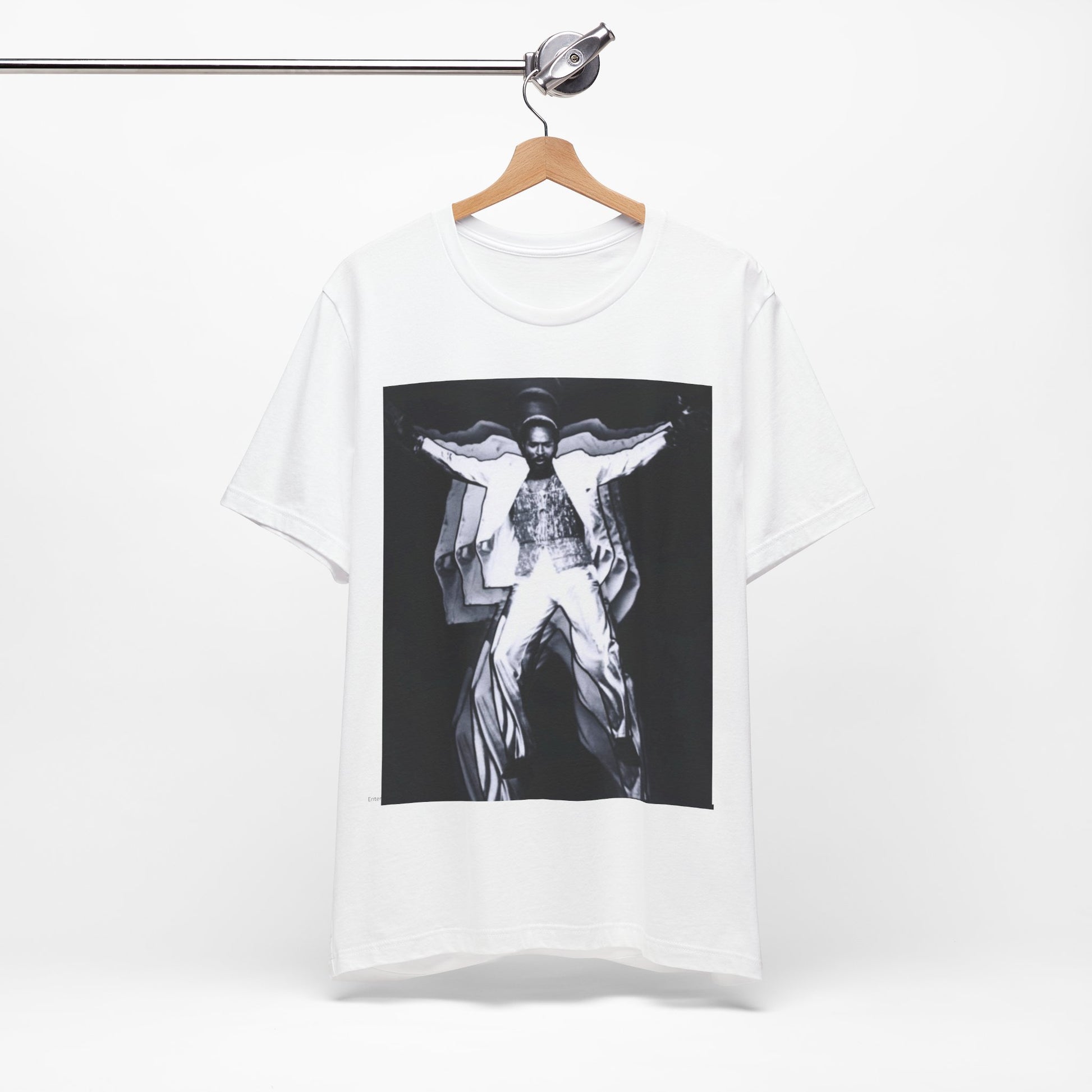 A black graphic t-shirt featuring a 70s aesthetic graphic of Marvin Gaye.