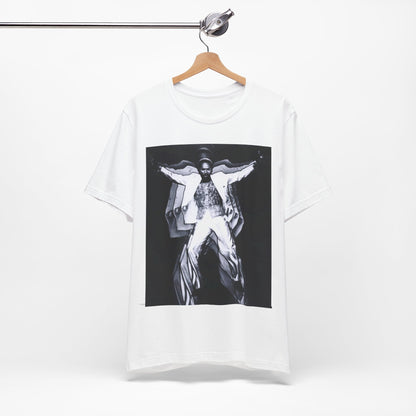 A black graphic t-shirt featuring a 70s aesthetic graphic of Marvin Gaye.