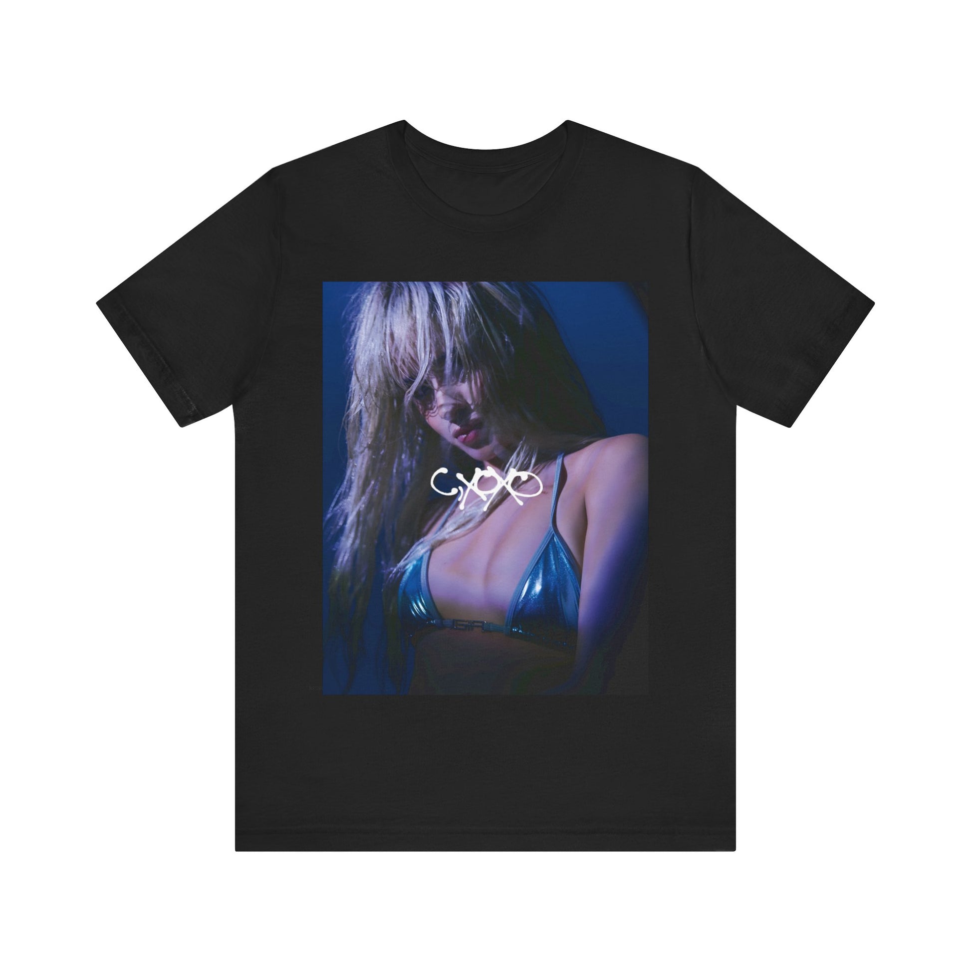 A black graphic t-shirt featuring a bold aesthetic graphic related to Camila Cabello's C,XOXO' album.