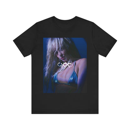 A black graphic t-shirt featuring a bold aesthetic graphic related to Camila Cabello's C,XOXO' album.